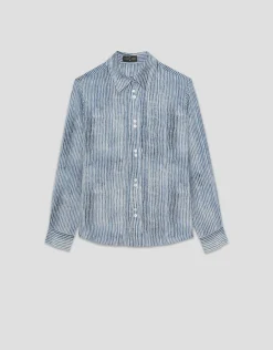 Blusa remangada crepé rayas azul y blanco