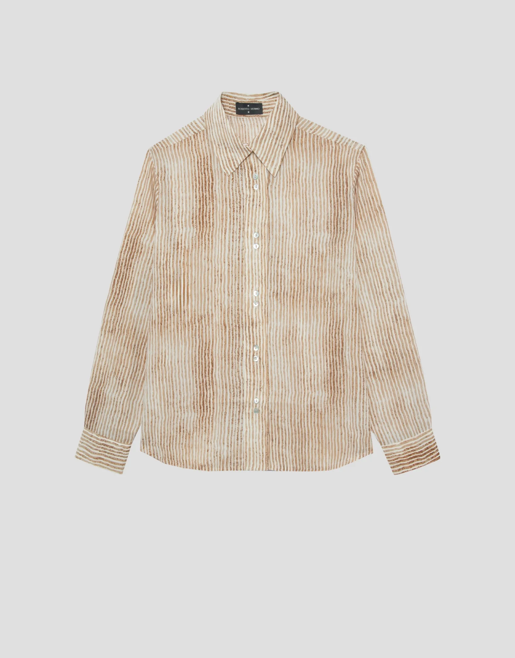 Blusa remangada crepé rayas arena y crudo