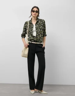 Camisa corte masculino negro estampado hojas verdes