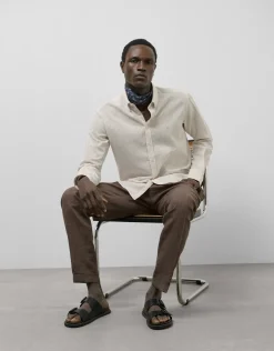 Camisa sport regular lino rayas beige/blanco