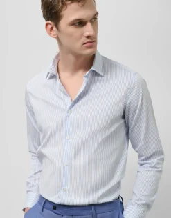Camisa vestir slim microestructura blanca con rayas celeste