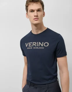 Camiseta algodón marino con logo beige