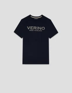 Camiseta algodón marino con logo beige