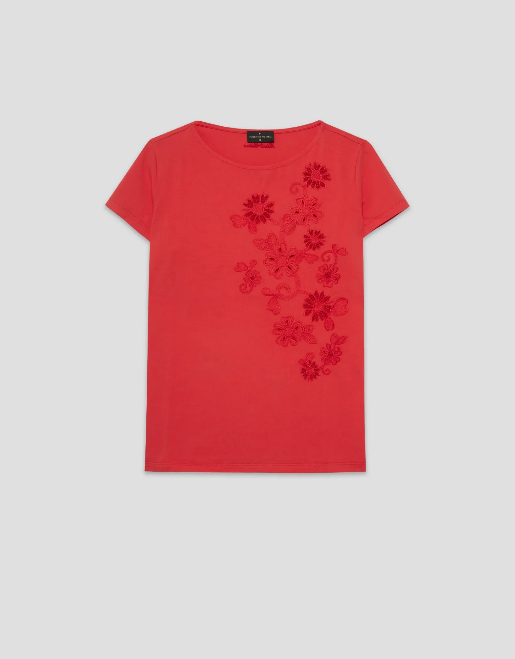 Camiseta algodón roja con flores bordadas