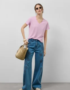 Camiseta cuello pico punto ligero rosa melange