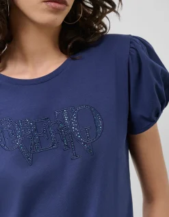 Camiseta manga corta fruncida algodón marino con logo bordado