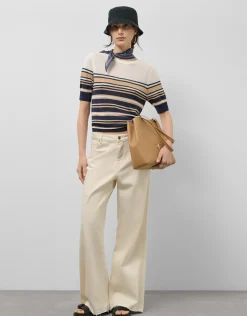 Camiseta punto manga corta azul y beige