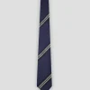 Corbata seda azul con rayas caqui y plata