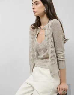 Cárdigan punto calado con lúrex beige