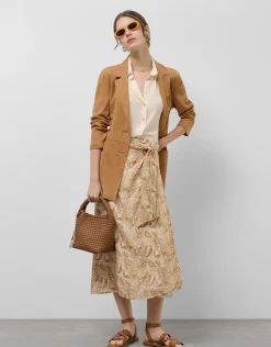 Falda midi estilo pareo en gasa estampado vegetal cámel