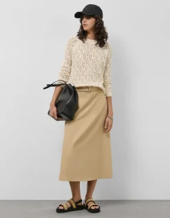 Falda midi fluida twill beige con cinturón