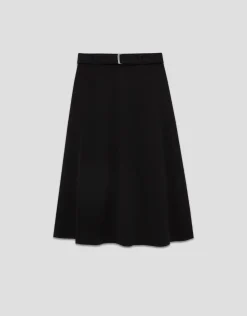 Falda midi fluida twill negro con cinturón