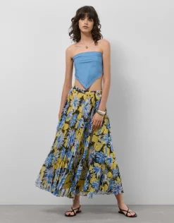 Falda midi plisada crepe georgette estampado floral azules
