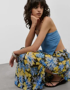 Falda midi plisada crepe georgette estampado floral azules