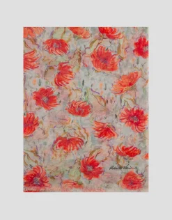 Fular mezcla algodón/lino estampado floral tonos rojos