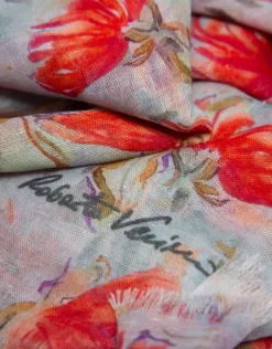 Fular mezcla algodón/lino estampado floral tonos rojos