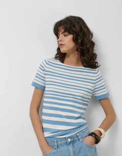 Jersey de manga corta en punto fino rayas azul y blanco
