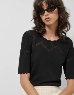 Jersey de manga corta punto fino negro con fantasía calada