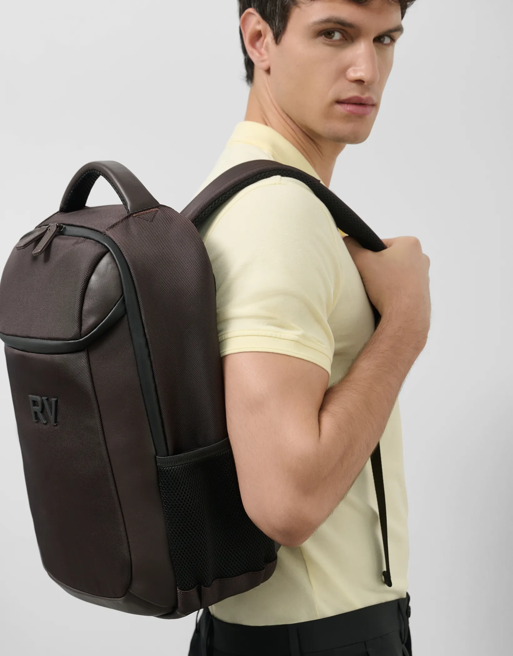 Mochila Mim nailon y piel marrón
