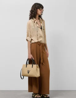 Pantalón ancho fluido twill marrón con cinturón