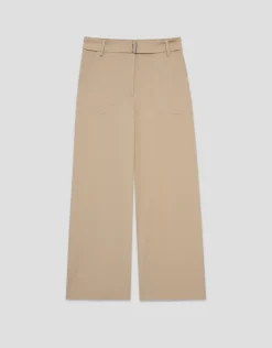 Pantalón ancho fluido twill marrón con cinturón