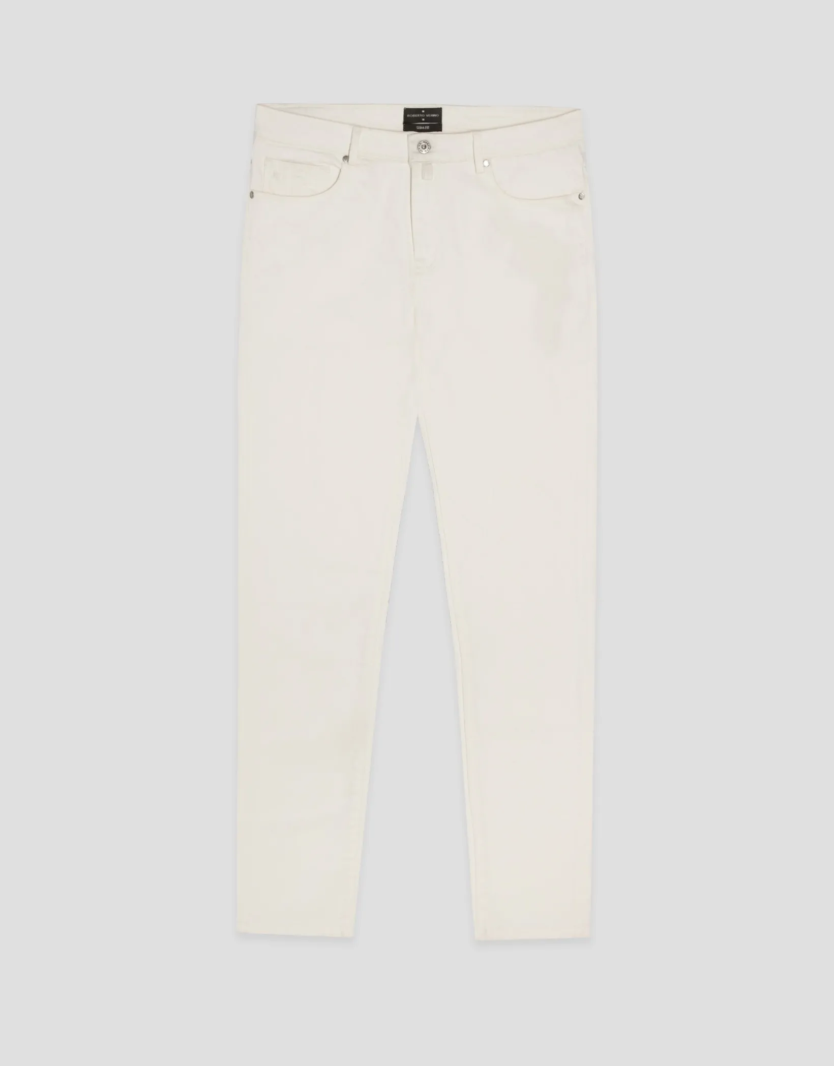 Pantalón cinco bolsillos sarga tintada crudo