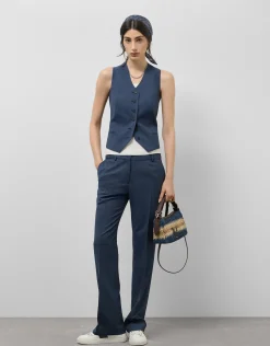 Pantalón recto lana fresca cuadro gales azul marino