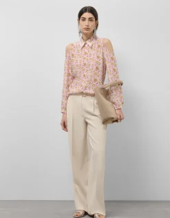 Pantalón recto pinzas crepé beige