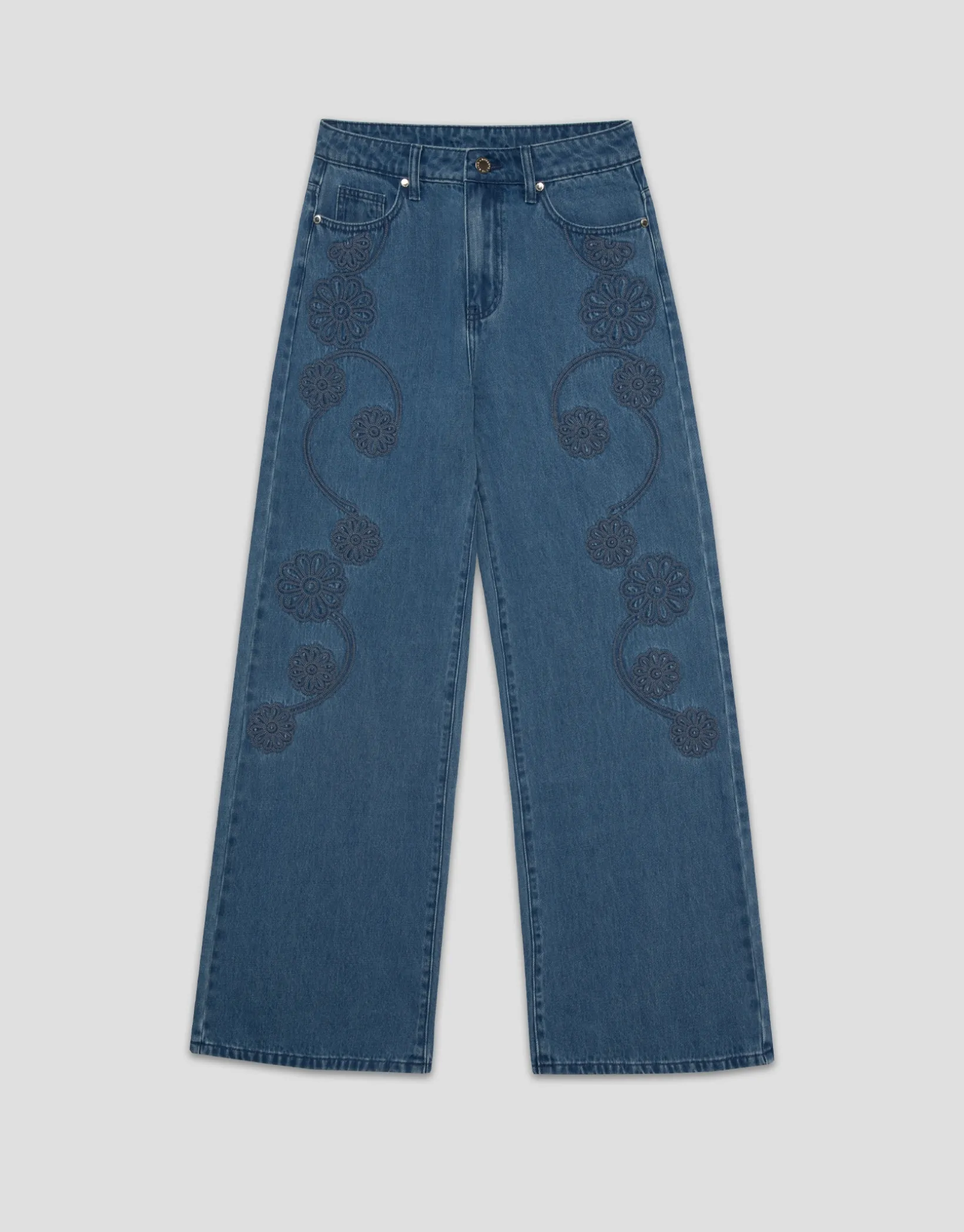 Pantalón vaquero ancho azul con bordados florales