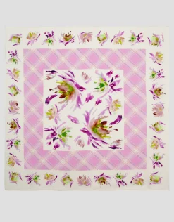 Pañuelo seda blanco estampado geométrico y flores rosa