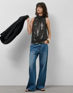 Top cuello halter lamé negro