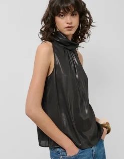 Top cuello halter lamé negro