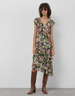 Vestido asimétrico con volantes crepe georgette estampado floral verde