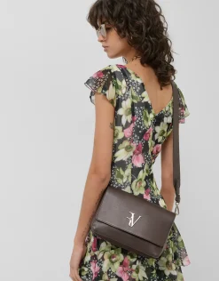 Vestido asimétrico con volantes crepe georgette estampado floral verde