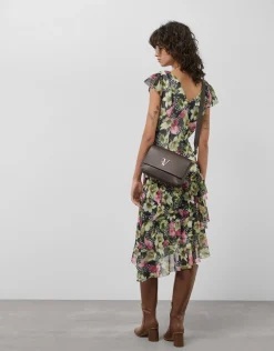 Vestido asimétrico con volantes crepe georgette estampado floral verde
