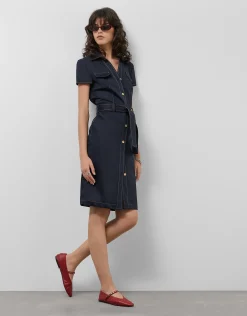 Vestido camisero manga corta azul marino pespuntes beige
