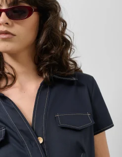 Vestido camisero manga corta azul marino pespuntes beige