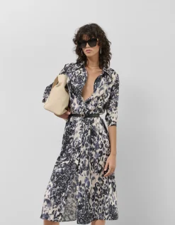 Vestido camisero manga larga animal print azul marino