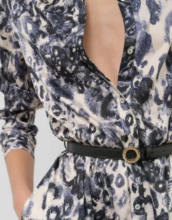 Vestido camisero manga larga animal print azul marino