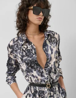 Vestido camisero manga larga animal print azul marino