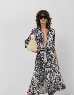Vestido camisero manga larga animal print azul marino