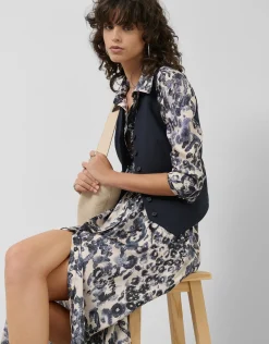 Vestido camisero manga larga animal print azul marino