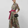 Vestido camisero midi con cinturón crepe georgette estampado floral verde