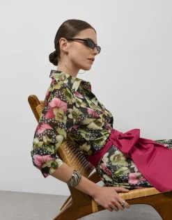 Vestido camisero midi con cinturón crepe georgette estampado floral verde