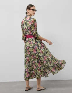 Vestido camisero midi con cinturón crepe georgette estampado floral verde