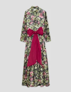Vestido camisero midi con cinturón crepe georgette estampado floral verde