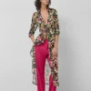 Vestido camisero midi manga larga crepe georgette estampado floral verde