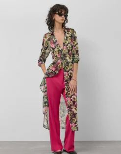 Vestido camisero midi manga larga crepe georgette estampado floral verde