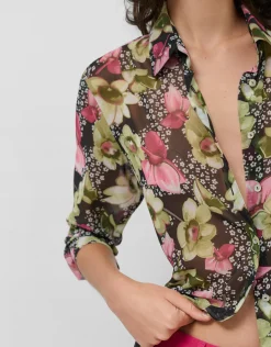 Vestido camisero midi manga larga crepe georgette estampado floral verde