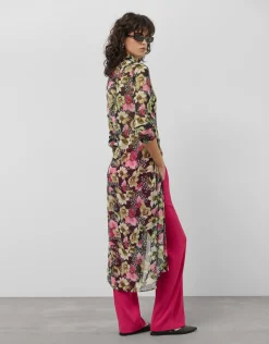 Vestido camisero midi manga larga crepe georgette estampado floral verde